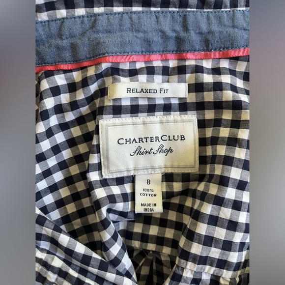 Charter Club Size 8 Navy Blue & White Gingham Checkered Cotton Button Down - Picture 4 of 9